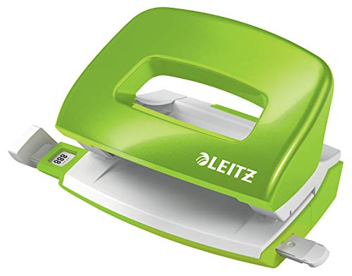 Leitz Mini Locher aus Metall, kleiner Locher für 10 Blatt, Metall, Anschlagschiene mit Formatangaben, Ergonomisches Design, grün, WOW-Serie, 50601054 von Leitz