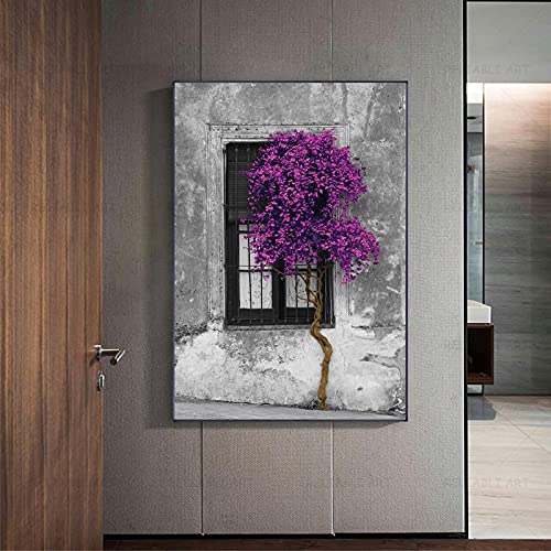 Leinwandbilder XXL Pop-Art-Leinwandbild Lila Baum vor dem Fenster Bilder Landschaft Poster Drucke Wandkunst Wohnkultur 60X80cm(24x31in) Rahmenlos von Leju Art