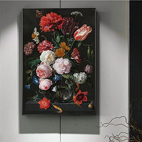 Stillleben mit Blumen in einer Glasvase Ölgemälde Druck auf Leinwand Kunst Poster Barock Kunst Bilder Wohnkultur Wandbild 60x90cm(24x36in) Rahmenlos von Leju Art