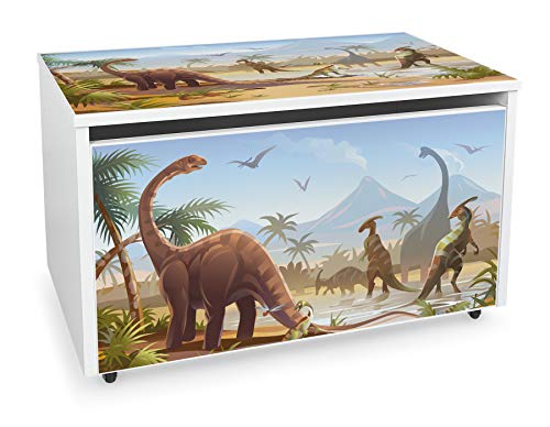 Leomark Holzspielzeugkiste auf Rädern, Höhe: 46 cm, Sitzbank mit Stauraum, Spielzeugkiste mit Deckel, XXL Kinderbank - Truhenbank für Kinder, weiße Aufbewahrungsbox 91L (Dinosaurier Jurassic) von Leomark