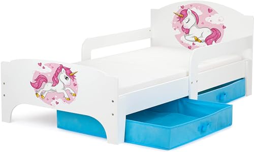 Leomark SMART Einzelbett aus Holz - Lovely Unicorn - Kinderbett mit Schubladen für Bettwäsche mit Matratze, Stauraum, Rausfallschutz Lattenrost, Liegefläche 140 x 70 cm von Leomark