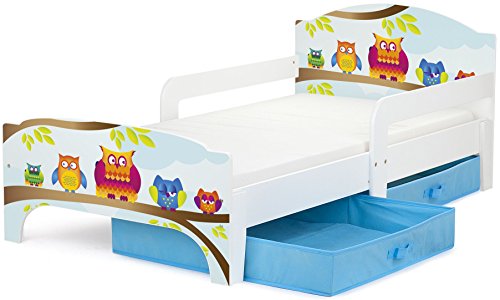 Leomark SMART Kleinkinderbett aus Holz - Eulen - Kinderbett mit Schubladen für Bettwäsche, Einzelbett mit Matratze, Stauraum, Rausfallschutz Lattenrost, Liegefläche 140 x 70 cm, UV-Druck von Leomark