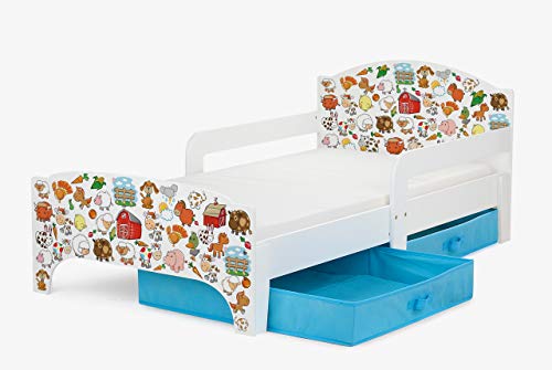 Leomark SMART Kleinkinderbett aus Holz - Farm - Kinderbett mit Schubladen für Bettwäsche, Einzelbett mit Matratze, Stauraum, Rausfallschutz Lattenrost, Liegefläche 140 x 70 cm, UV-Druck von Leomark