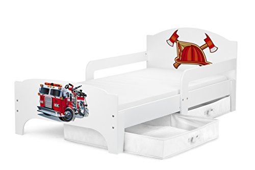 Leomark SMART Kleinkinderbett aus Holz - Feuerwehr - Kinderbett mit Schubladen für Bettwäsche, Feuerwehrbett mit Matratze, Stauraum, Rausfallschutz Lattenrost, Liegefläche 140 x 70 cm von Leomark