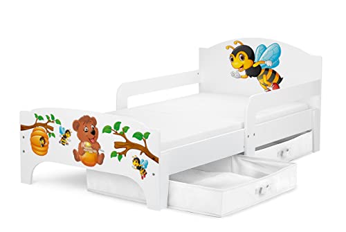 Leomark SMART Kleinkinderbett aus Holz - Honig und Bär - Kinderbett mit Schubladen für Bettwäsche, Einzelbett mit Matratze, Stauraum, Rausfallschutz Lattenrost, Liegefläche 140 x 70 cm, UV-Druck von Leomark