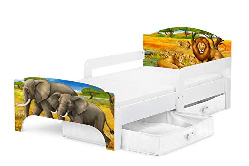 Leomark SMART Kleinkinderbett aus Holz - Safari - Kinderbett mit Schubladen für Bettwäsche, Einzelbett mit Matratze, Stauraum, Rausfallschutz Lattenrost, Liegefläche 140 x 70 cm, UV-Druck von Leomark