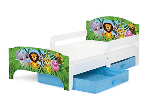 Leomark SMART Kleinkinderbett aus Holz - Tiere - Kinderbett mit Schubladen für Bettwäsche, Einzelbett mit Matratze, Stauraum, Rausfallschutz Lattenrost, Liegefläche 140 x 70 cm, UV-Druck von Leomark