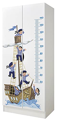 Leomark Weiß zweitüriger Kleiderschrank für Kinder - Roma - funktionaler Schwebetürenschrank, Dim: 70 x 42,5 x 161,5 (H) cm, Kommode, Schrank, Möbel für Kinder, UV-Druck: Matrosen von Leomark