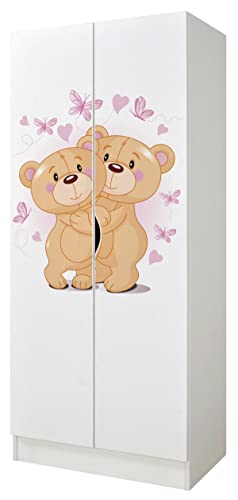 Leomark Weiß zweitüriger Kleiderschrank für Kinder - Roma - funktionaler Schwebetürenschrank, Dim: 70 x 42,5 x 161,5 (H) cm, Kommode, Schrank, Möbel für Kinder, UV-Druck: Meine Bären von Leomark