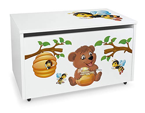 Leomark große Holzspielzeugkiste auf Rädern, Sitzbank mit Stauraum, Spielzeugkiste mit Deckel, XXL Kinderbank - Truhenbank für Kinder, weiße Aufbewahrungsbox 91L, Höhe: 46 cm (Bär und Bienen) von Leomark