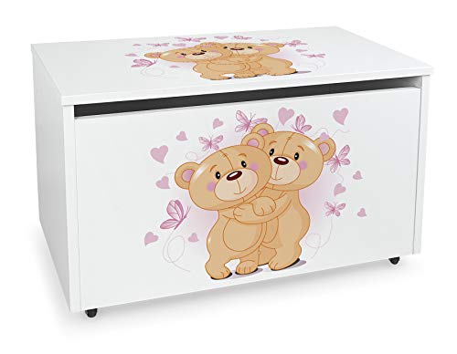 Leomark große Holzspielzeugkiste auf Rädern, Sitzbank mit Stauraum, Spielzeugkiste mit Deckel, XXL Kinderbank - Truhenbank für Kinder, weiße Aufbewahrungsbox 91L, Höhe: 46 cm (Teddybären) von Leomark