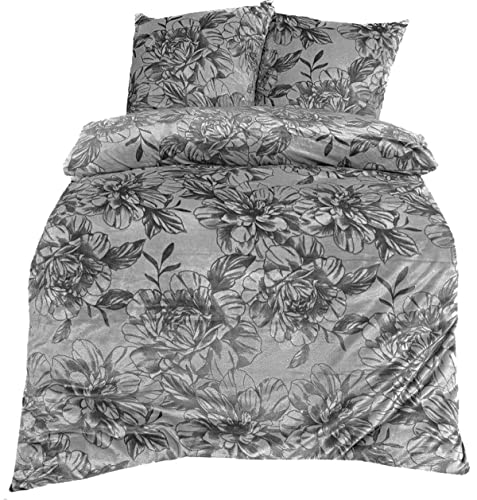 Leonado Vicenti Bettwäsche 135 x 200 cm 2 TLG Fleece mit Reißverschluß flauschig kuschelig warme Winter Bettwäsche graue Rosen von Leonado Vicenti