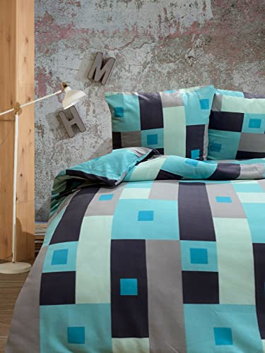 Leonado Vicenti 200x200 cm Warme Winter Bettwäsche Kariert Türkis Grau Fleece gestreift modern Schlafzimmer Garnitur Set Bezug Decke von Leonado Vicenti