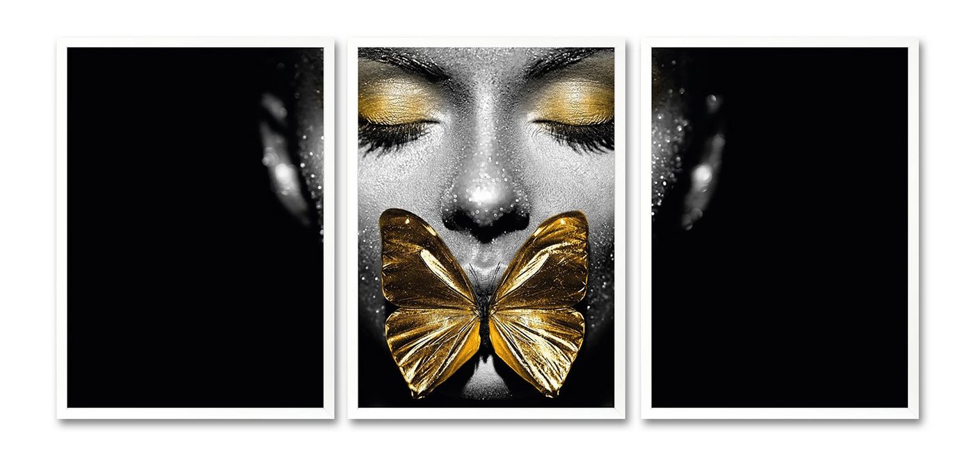 Leonique Bild mit Rahmen Gesicht Schmetterling Gold - Gerahmter Digitaldruck - Wandbild, 3x 30x40 cm - Holzrahmen - Dekoration - Weißer Rahmen - Triptychon von Leonique