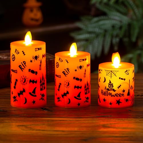 Halloween Deko LED Kerzen, 3 Stück Flammenlose Halloween LED Kerzen Batteriebetriebene, LED Halloween Kerzen mit Spinne Hexe Kürbis Deko Muster für Halloween Dekoration, Halloween Party Deko von Lergas