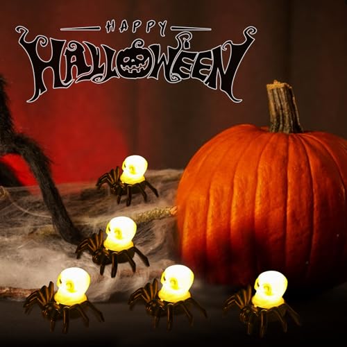 Halloween Deko Spinne Teelichter, Flammenlose Halloween Deko LED Kerzen, Halloween Spinne LED Kerzen Batteriebetrieben für Halloween Dekoration und Halloween Party Deko (Totenkopf x 6) von Lergas