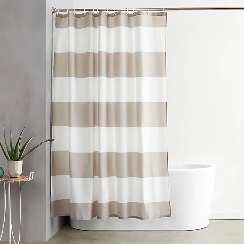 Lerores Duschvorhang 150x180cm Beige Streifen, Beschwerter Saum Antischimmel Textil, Wasserabweisend, Waschbar Polyester Badevorhänge mit Ösen und 12 Duschvorhangringe für Badezimmer, Badewanne von Lerores