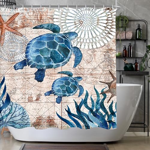 Lerores Duschvorhang 150x200cm Meeresschildkröte, Beschwerter Saum Antischimmel, Wasserabweisend, Waschbar Polyester Stoff Badevorhänge mit Ösen und 8 Duschvorhangringe für Badezimmer, Badewanne von Lerores