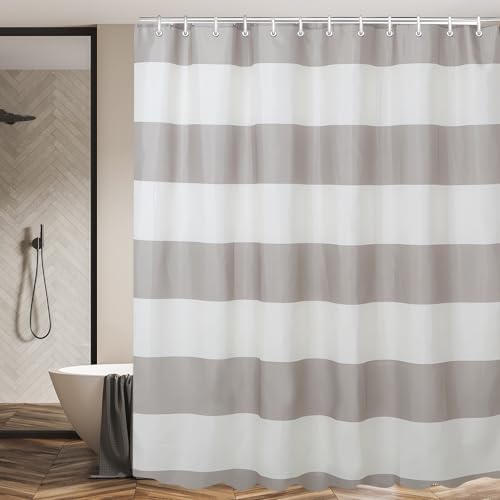 Lerores Duschvorhang 240x180cm Beige Streifen, Beschwerter Saum Antischimmel Textil, Wasserabweisend, Waschbar Polyester Badevorhänge mit Ösen und 12 Duschvorhangringe für Badezimmer, Badewanne von Lerores