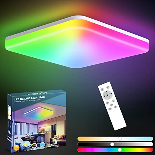 Letlit LED Deckenleuchte RGB Dimmbar mit Fernbedienung, 24W IP54 Deckenlampe Farbwechsel mit 6 RGB Farben, 2700K-6500K 2200LM Quadrat Lampe Flach für Wohnzimmer Schlafzimmer Kinderzimmer Küche, 27.5cm von Letlit