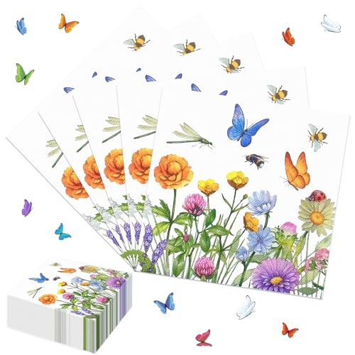 Lets Joy Servietten Blumen, 100 Stück Blumen Papierservietten, Frühling Blumenwiese Servietten, Schmetterlinge Servietten, Servietten Blumenwiese, Servietten Gartenfeste Party Tischdeko 33 x 33 cm von Lets Joy