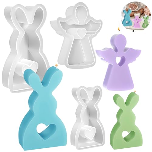 Lets Joy Osterhase Silikonform Kerzenhalter, 3 Stück Silikonform Ostern, Silikonform Hase, Engel Silikonform, Ostern Silikonformen Gießformen, Kaninchen Gießformen Silikon, DIY Kerzenform Handwerk von Lets Joy