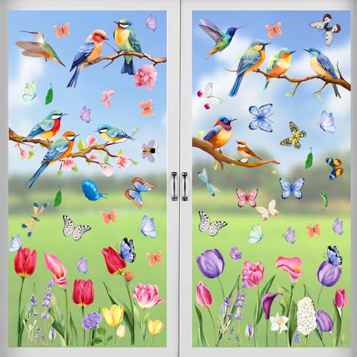 Lets Joy 9 Blatt Frühling Fensteraufkleber, Vögel auf Ast Fenster Abziehbilder, Kolibris Fensteraufkleber, Frühling Schmetterlinge Fensteraufkleber, DIY Wohnzimmer Badezimmer Deko Wiederverwendbar von Lets Joy