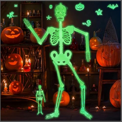 Lets Joy Halloween Deko Leuchtendes Skelett, 150CM Skelett für Halloween Deko, 30CM Halloween Hanging Luminous Skeleton, 8PCS Leuchtender Halloween Aufkleber Deko, Halloween Party Ornamente Deko von Lets Joy