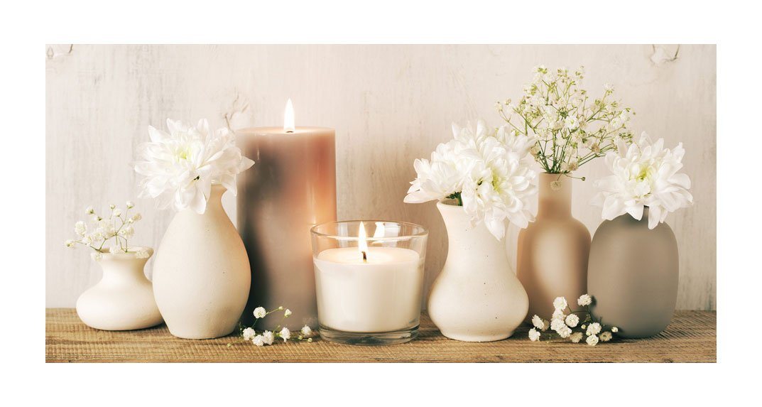 Levandeo® Leinwandbild, Leinwandbild XXL 115x55cm Kerzen Blumen Bild Kunstdruck Wandbild Deko von Levandeo®