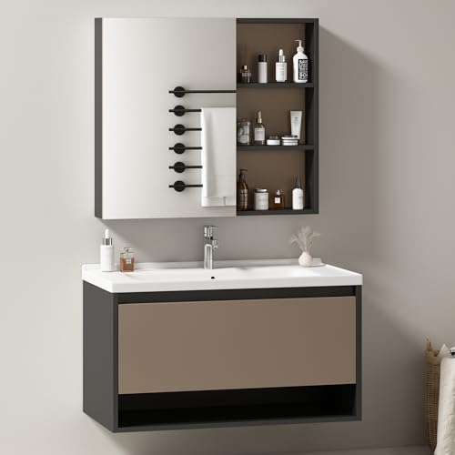 Lexiou Badezimmer Badmöbel Set :Waschbeckenunterschrank hängend 90cm breit,mit Keramikwaschbecken,Schubladen,Spiegelschrank von Lexiou
