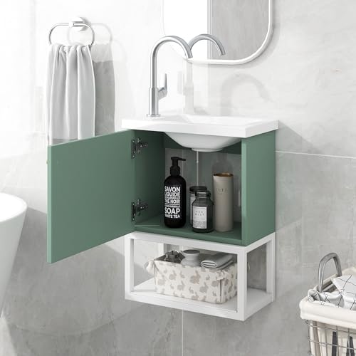 Lexiou Badmöbel Waschbecken mit Unterschrank 40 cm, Einsatz-Waschbecken,Waschtischunterschrank Hängend,Kleines Gäste WC Möbel (grün) von Lexiou