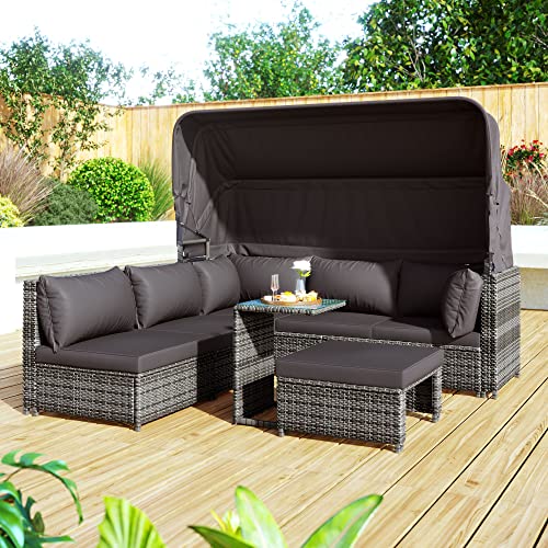 Lexiou Gartenlounge-SetRattan Sonneninsel Sitzgruppe, Sofa mit Sonnendach, Hocker, Sesseln und Tisch, Outdoor Gartenmöbel von Lexiou