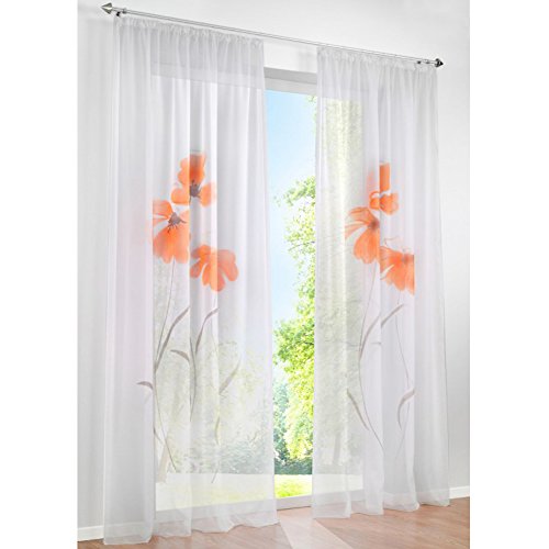 LiYa 1 Stück Gardine mit Blumen Druck Floral Design Vorhang Transparent Voile Vorhänge (BxH 150x145cm, Orange mit Kräuselband) von LiYa