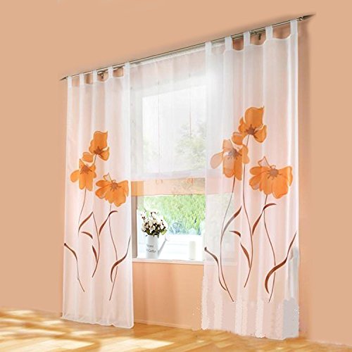 LiYa 1 Stück Gardine mit Blumen Druck Floral Design Vorhang Transparent Voile Vorhänge (BxH 150x175cm, Orange mit Schlaufen) von LiYa