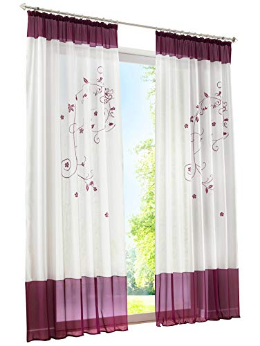 LiYa 1 Stück Gardine mit Blumen Stickerei Design Vorhang Transparent Voile Vorhänge (BxH 140x145cm, Beere mit Kräuselband) von LiYa