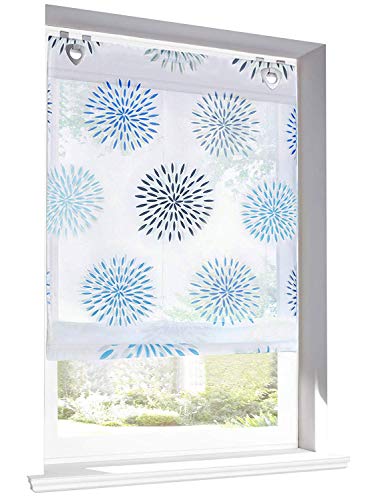 1 Stück Raffrollo mit Kreis-Motiven Floral Design Raffgardine Voile Transparent Vorhang (BxH 100x140cm, Blau mit U-Haken) von LiYa