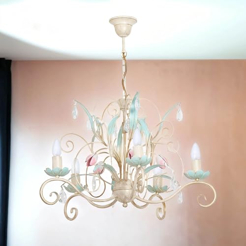 Licht-Erlebnisse Kronleuchter Metall Glas Shabby Weiß Rosa Esstisch Wohnzimmer L:62 cm E14 max. 60 Watt verspielt Florale Pendelleuchte Küche LUCE von Licht-Erlebnisse