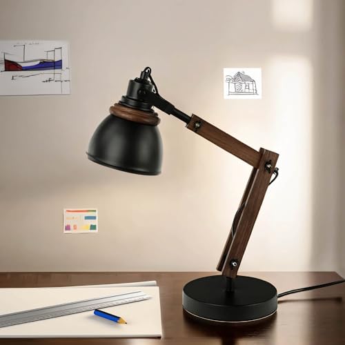 Licht-Erlebnisse Schreibtischleuchte Metall Holz in Schwarz Natur Wohnzimmer Büro H:52 cm E14 Retro gemütlich verstellbare Tischlampe Innen NOAH von Licht-Erlebnisse