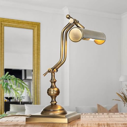 Licht-Erlebnisse Premium Bankerleuchte echtes Messing in Bronze hell Büro Arbeitszimmer 39 cm E14 Handarbeit flexible Vintage Tischlampe Wohnzimmer von Licht-Erlebnisse