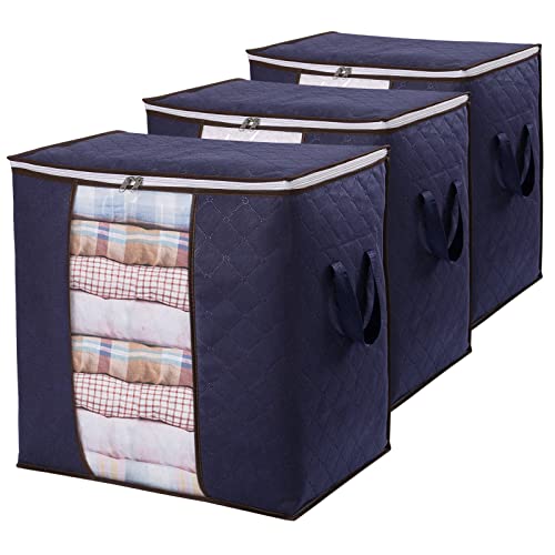 Lifewit 3 Stück 90L Aufbewahrungstasche für Bettdecken, Faltbare Aufbewahrungsbox mit Deckel Schrank Kleiderschrank Organizer Umzugskartons Unterbett Aufbewahrung für Kleidung Klamotten, Blau von Lifewit