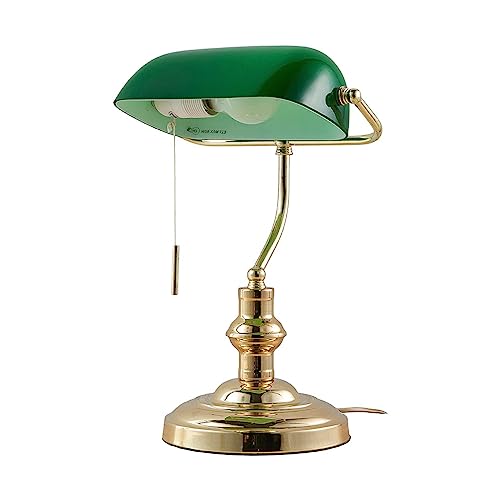 Lindby Bankerlampe grün messing poliert, Retro Schreibtischlampe, Bürolampe mit Zugschalter, Tischlampe 1 flammig E27 Fassung max. 60W, ohne Leuchtmittel von Lindby