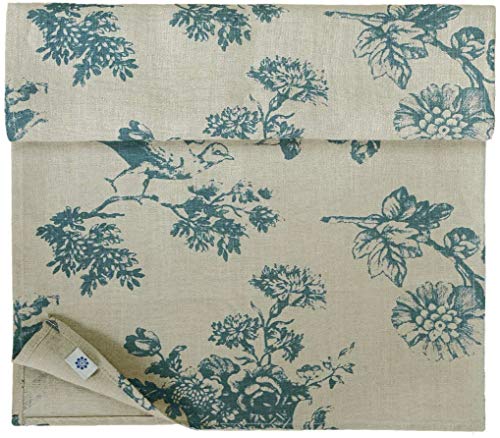 Linen & Cotton Hochwertiger Tischläufer Stoff Tischband Tischdeko Flores mit Blumen Motiv - 100% Leinen, Beige Blau (40 x 200 cm) Vintage Läufer Tisch Tischwäsche für Home Küche Esszimmer Wohnzimmer von Linen & Cotton