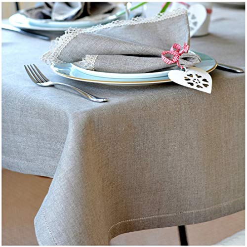 Linen & Cotton Elegante Festliche Tischdecke Stoff Tischtuch Tischwäsche Florence mit Hohlsaum, Lang -100% Leinen, Beige Natur (143 x 250 cm) für Deko Hochzeit Hotel Restaurant Cafe Gastronomie von Linen & Cotton