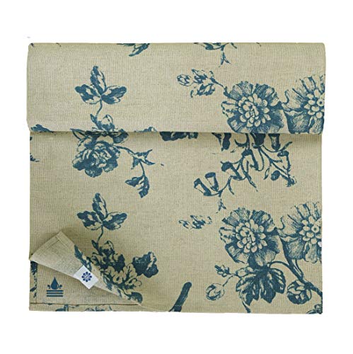 Linen & Cotton Tischläufer Fiore mit Blumen Motiv - 59% Leinen, 41% Baumwolle, Beige Blau (34 x 250 cm) Beschichtet Eckig Läufer Stoff Wasserdicht Fleckschutz Pflegeleicht für Garten Outdoor von Linen & Cotton