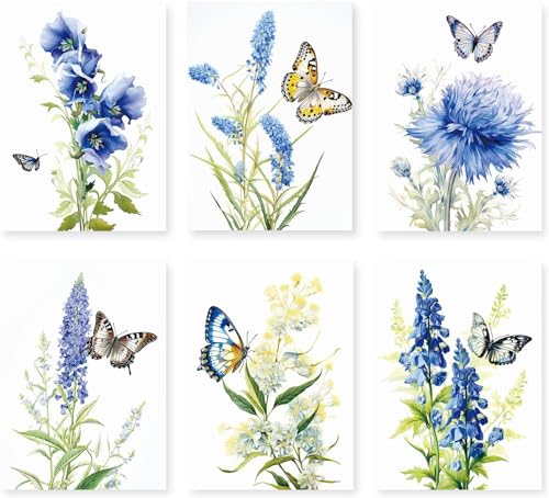 Linilioart Leinwandposter mit bunten Blumen, Schmetterling, Pflanzenkunst, Wanddekoration, Poster, 6er-Set (A, 30 x 40 cm, ungerahmt) von Linilioart