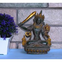 Messing Manjushri Statue | 6'' Zoll Göttin Tara Skulptur Nepali Prinzessin Mit Grüner Und Kupferfarbener Farbe von LittletalesCreations