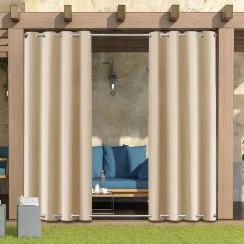 LiveGo Outdoor Vorhang Wetterfest Wasserdicht mit ösen,Outdoorvorhänge Gardinen für draußen Balkon terrasse Pavillon Aussen Outdoorvorhang Sonnenschutz Vorhänge Garten,Beige,2 Stück|132x213cm(BxH) von LiveGo