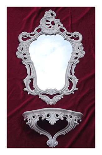 Lnxp 2-teiliges Set in Weiß Silber bestehend aus Wandspiegel + Wandkonsole Oval Barock Antik 50x76cm Flur Eingangsmöbel Möbel Konsole Ablage Spiegel + Wandregal 118L von Lnxp