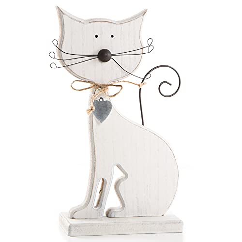 Logbuch-Verlag große Katze aus Holz Geschenk zum Hinstellen weiß Dekokatze sitzend mit Herzanhänger Katzenfigur 23 cm von Logbuch-Verlag