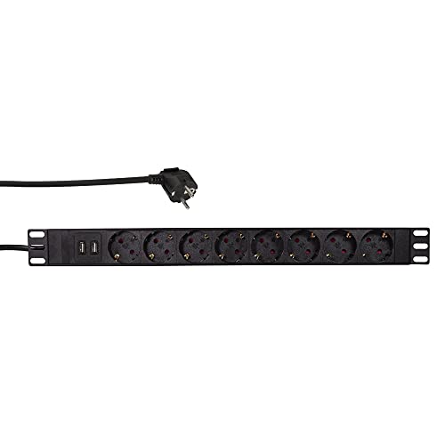 LogiLink Professional PDU8C02 - 19" Steckdosenleiste mit 8x Schutzkontaktbuchsen (CEE7/3) in 45° Anordnung + 2 USB (Typ-A je 2,1A), mit Überlastungsschutz von Logilink